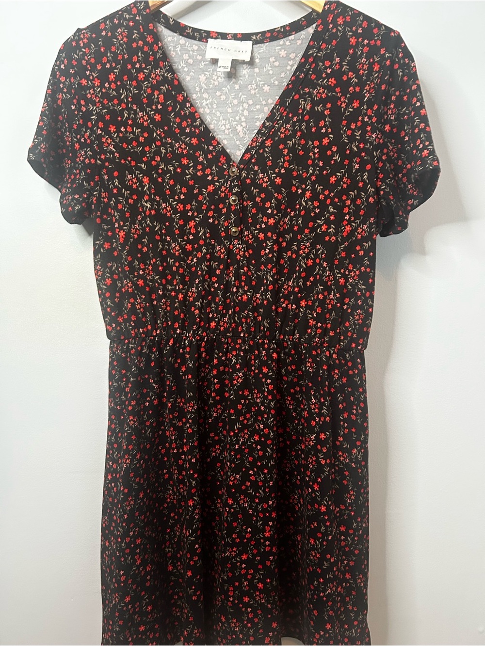French Grey Black Short-Sleeve Floral V-Neck Minidress - Picture 4 of 7